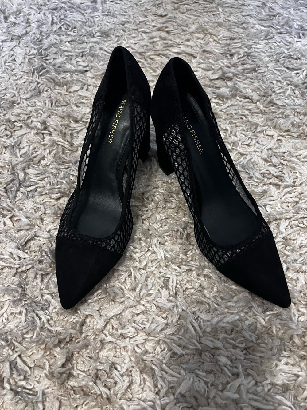 Marc Fisher Black Pointed Mesh Block Heel Pumps